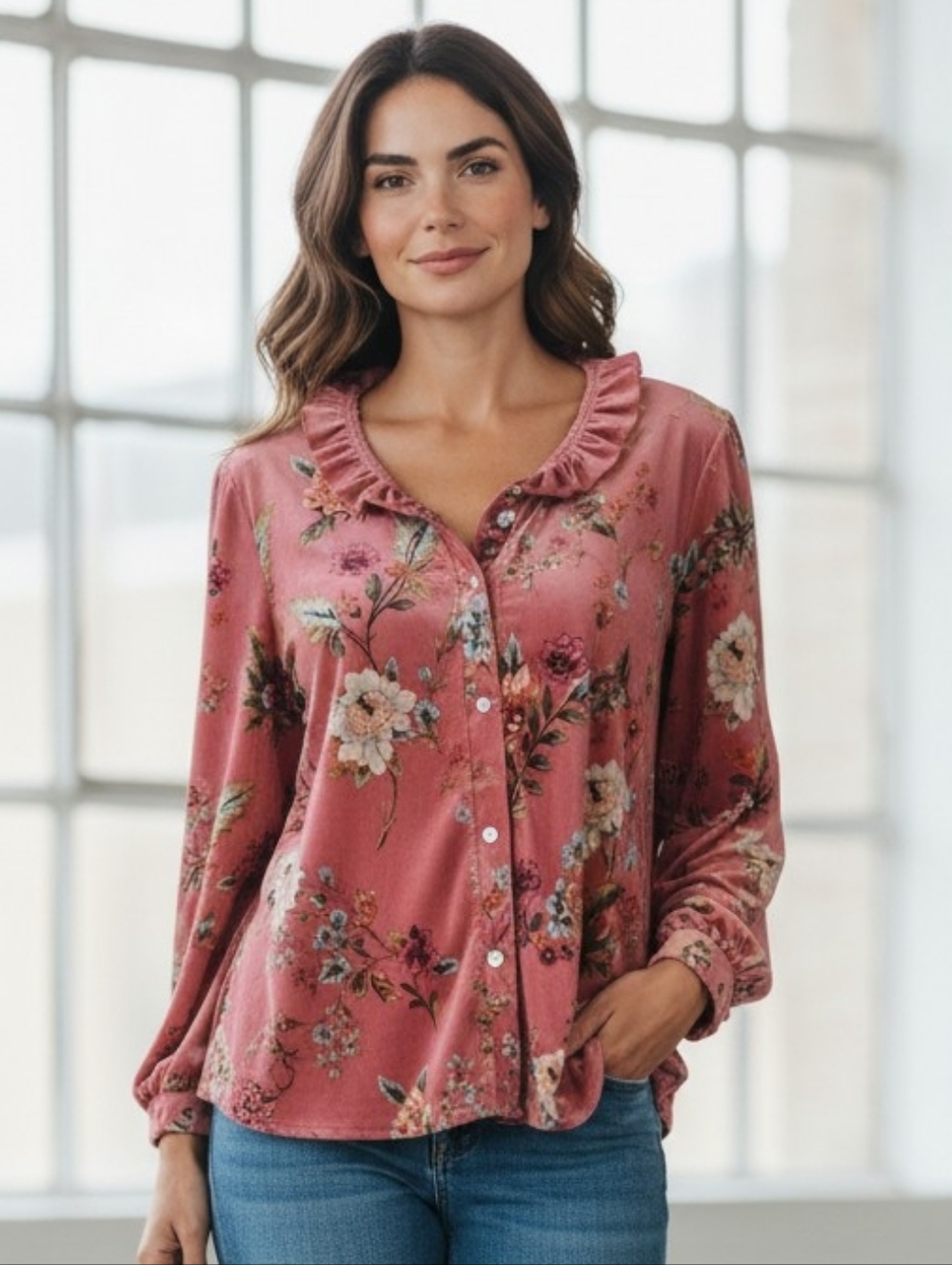 Cherry Betty Ruffled Floral Velour Button-Up Blouse in Dusty Rose L